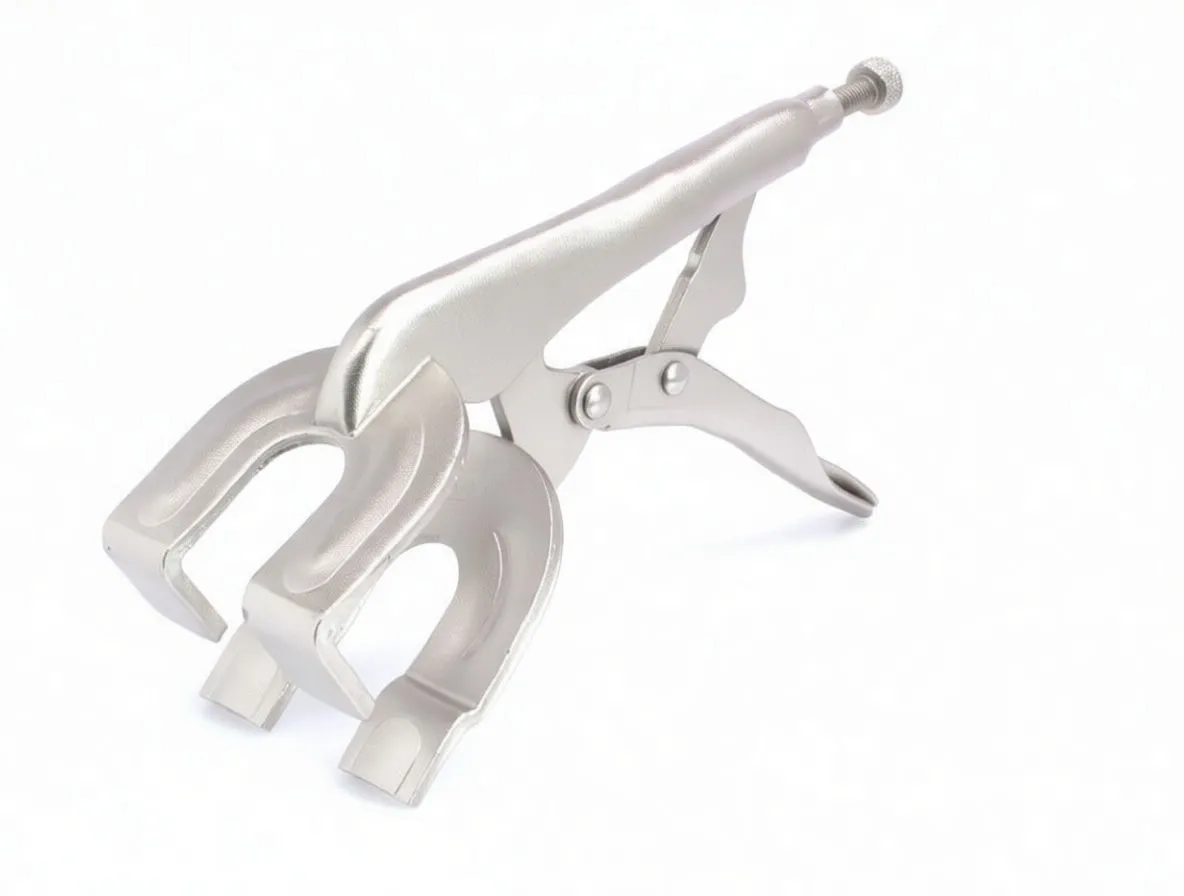 Angled view of silver locking welding clamp showing dual U-shaped jaws, release lever, knurled adjustment screw and 'ASTA' marking on handle