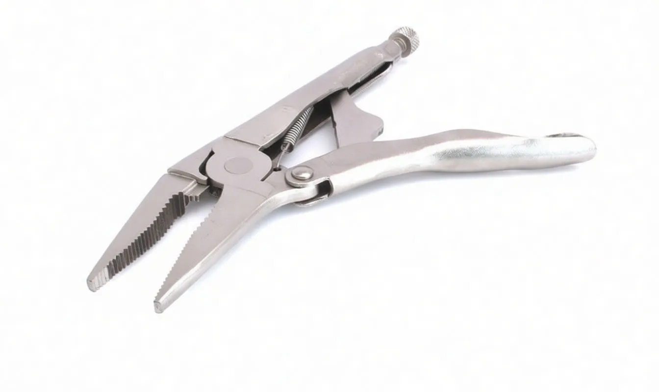 Partial close-up of opened long-nose locking plier showing serrated jaws, wire-cutter notch, rivets and spring