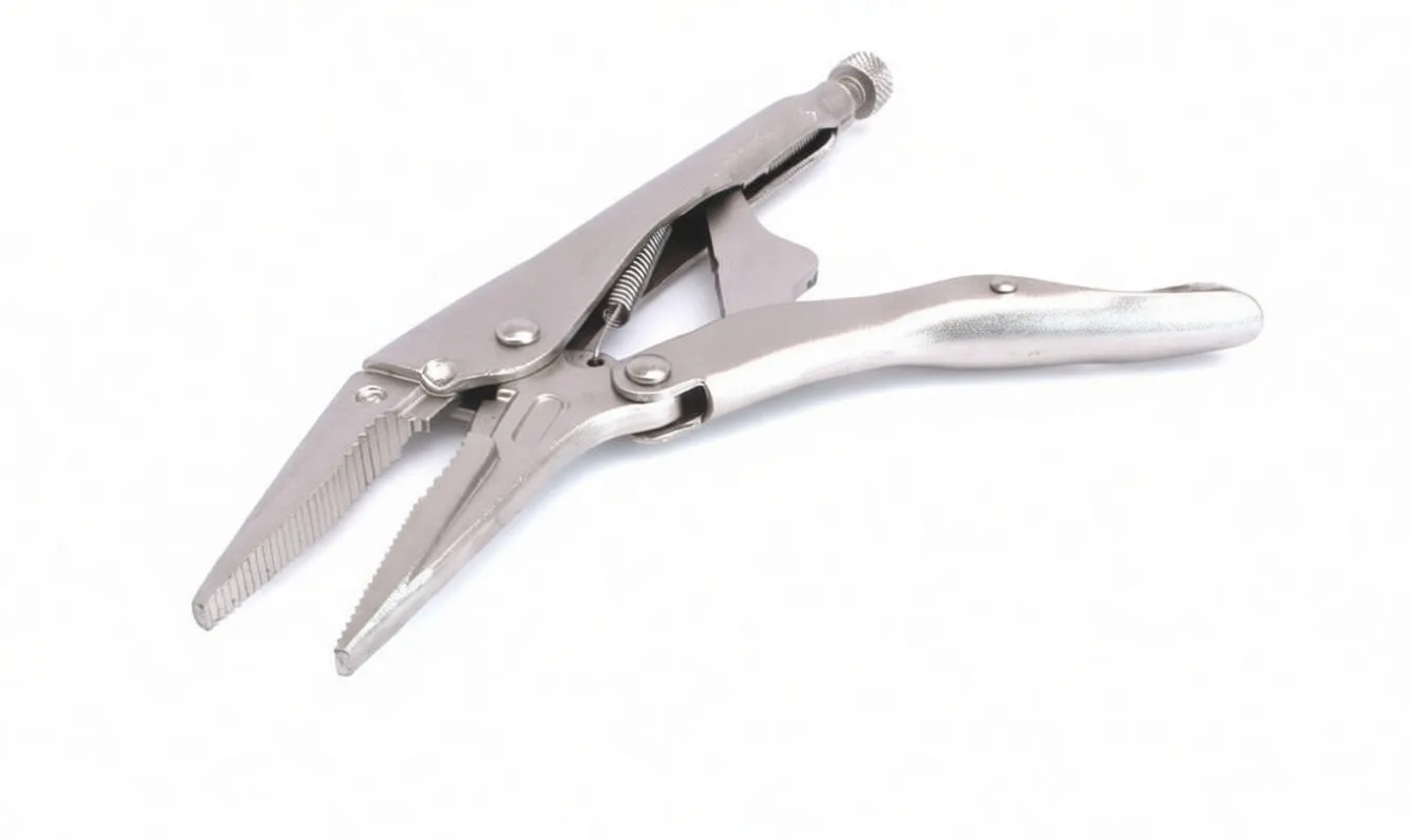 Side view of long-nose locking plier showing knurled adjustment screw, release lever, stamped logo on handle and serrated jaws