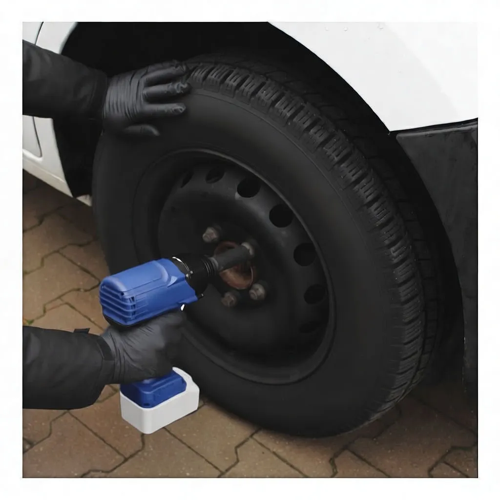 Gloved hands using an impact wrench on a car wheel, showing textured black nitrile gloves.