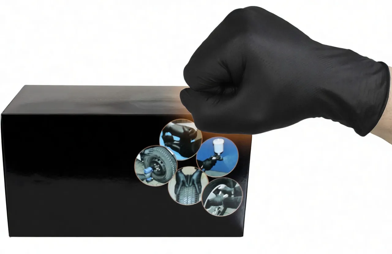 Gloved fist beside saTra S-XL9GLD packaging, highlighting textured black nitrile glove