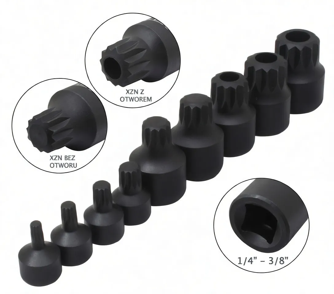 Top-down angled view of nine black impact bit sockets clipped to a metal rail