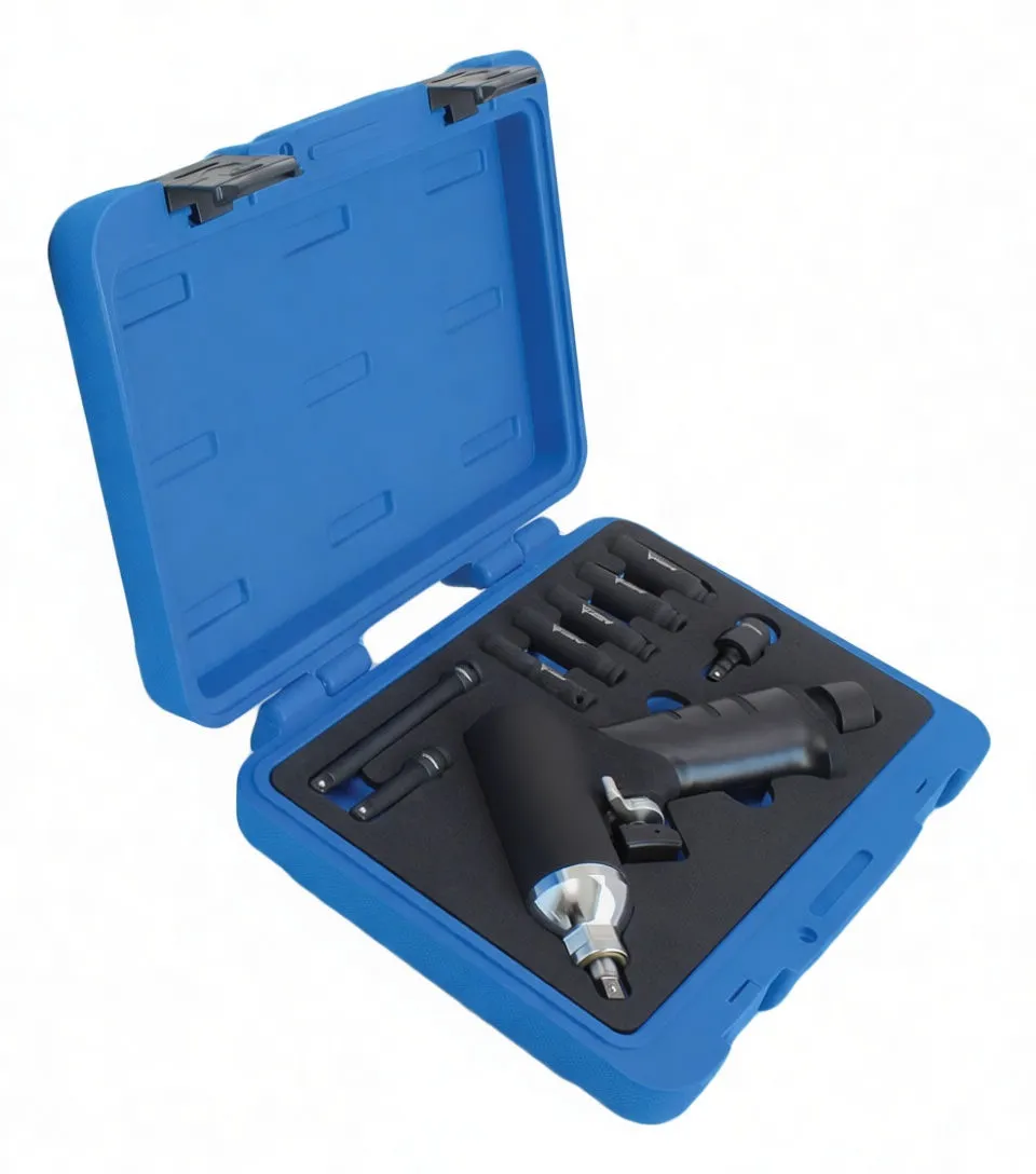 Angled view of open blue toolbox holding a black impact wrench, row of deep glow-plug sockets, extensions, adapter and brass coupler in foam; ASTA logo visible.