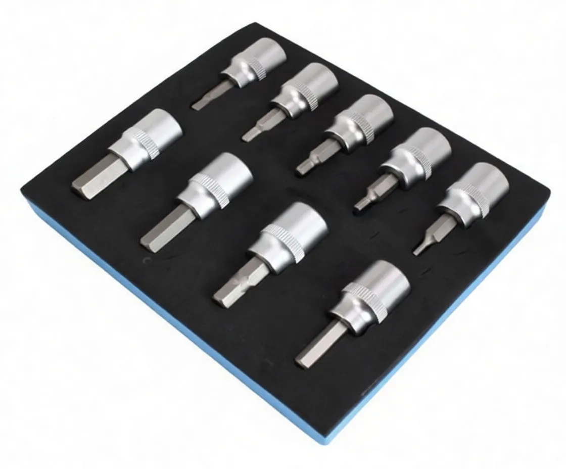 Nine chrome hex bit sockets arranged in a row showing increasing bit sizes