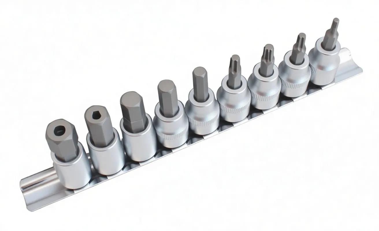 Top view of nine hex Allen bit sockets lined up on a chrome mounting rail, showing hex ends and knurled chrome bodies