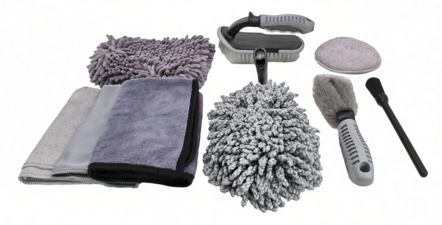 Angled layout of car wash set showing towels, chenille duster, scrubbing brush and detail brush