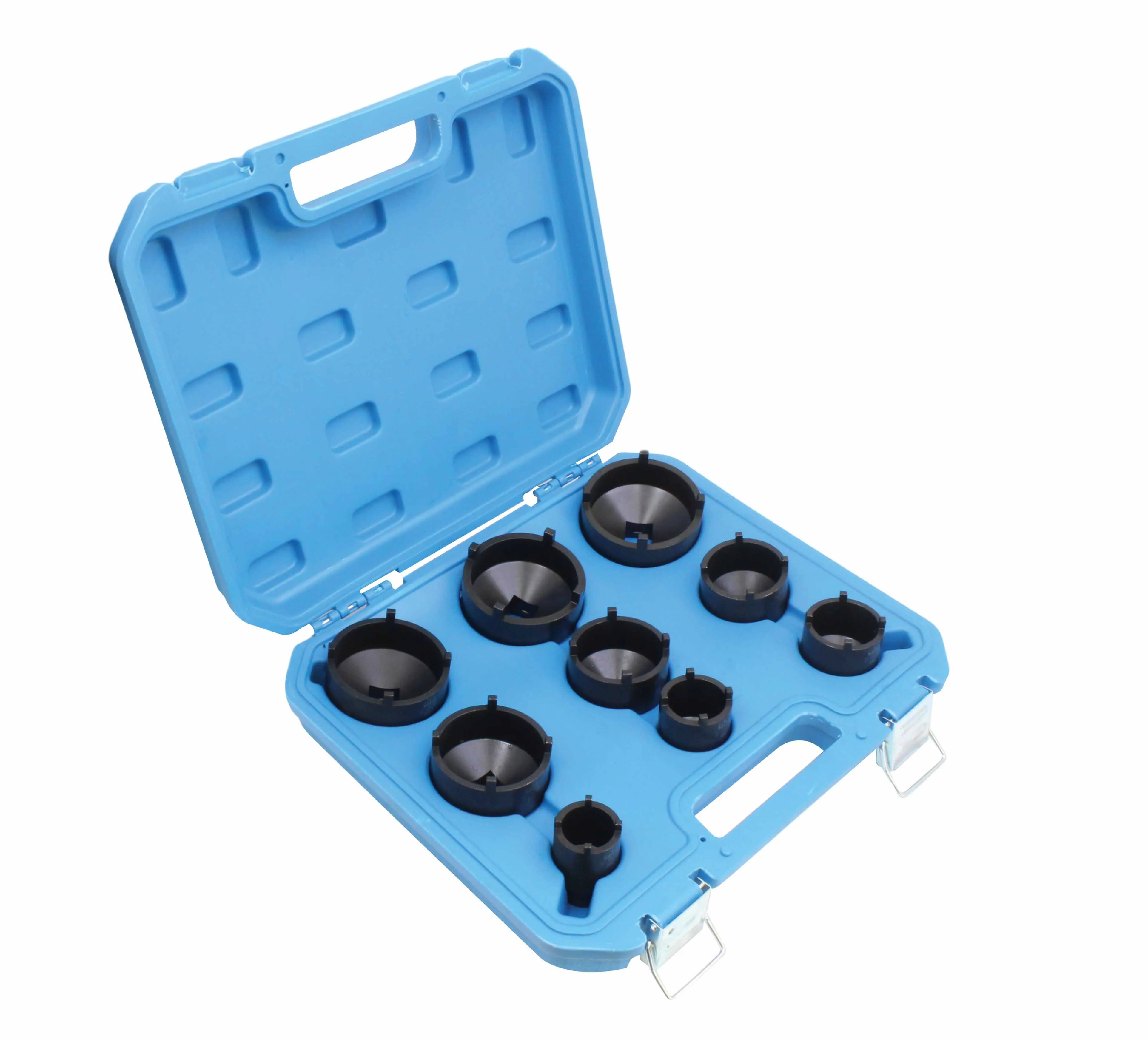 Angled view of open blue case with nine black nut sockets showing toothed rims and internal tapers, metal latch and hinge visible