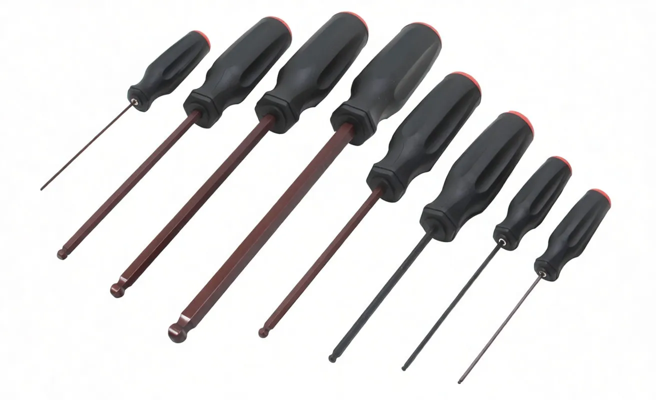 Nine hex ball-end screwdrivers photographed from an angle showing round ball tips, hex shafts and black/red ergonomic handles.