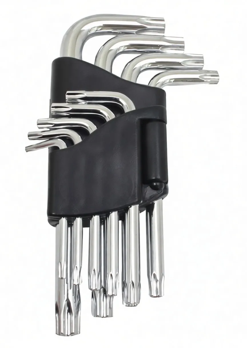 Front view of ASTA Torx key set fanned out with white size markings and chrome shafts