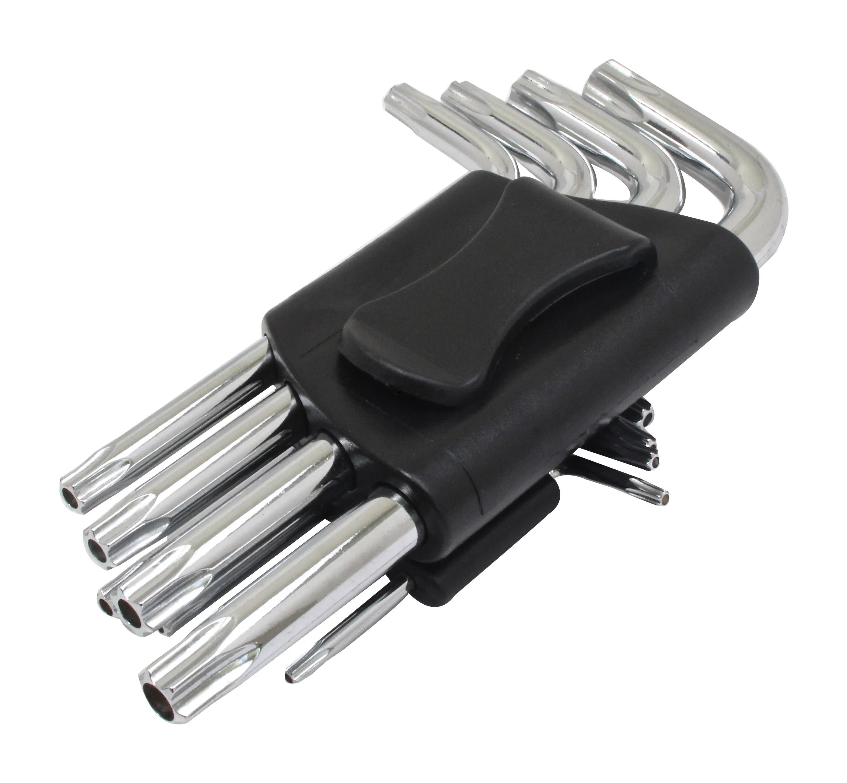 Side view of Torx L-keys in black holder showing rear clip and nested chrome shafts