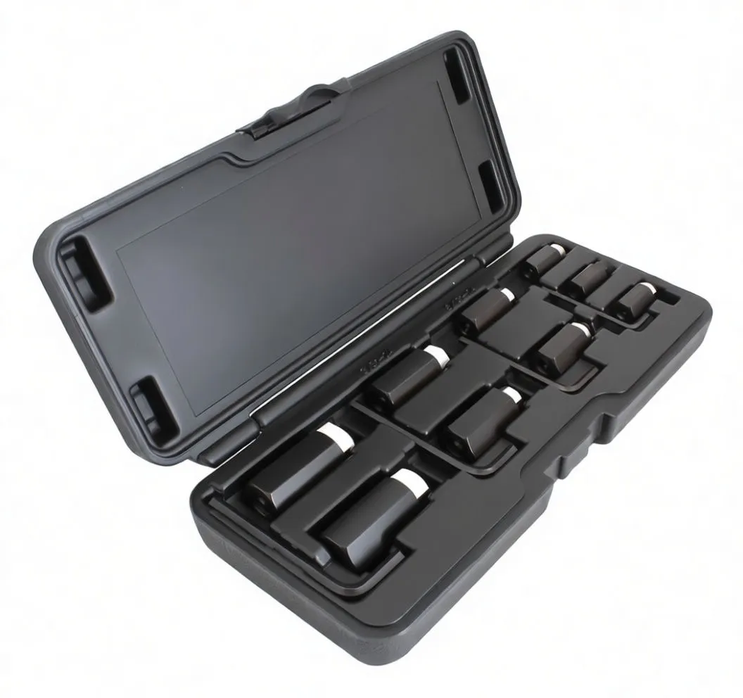 Tilted perspective of black tool case showing rows of hex adapters with stamped size markings and a visible logo on one piece.