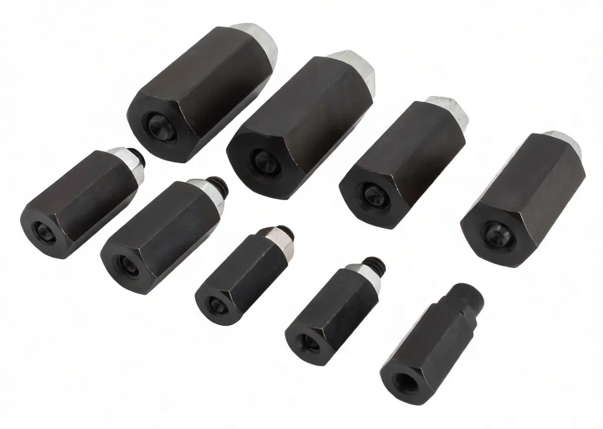 Nine hexagonal stud removal/install adapters with silver hex ends and stamped thread-size markings on white background.