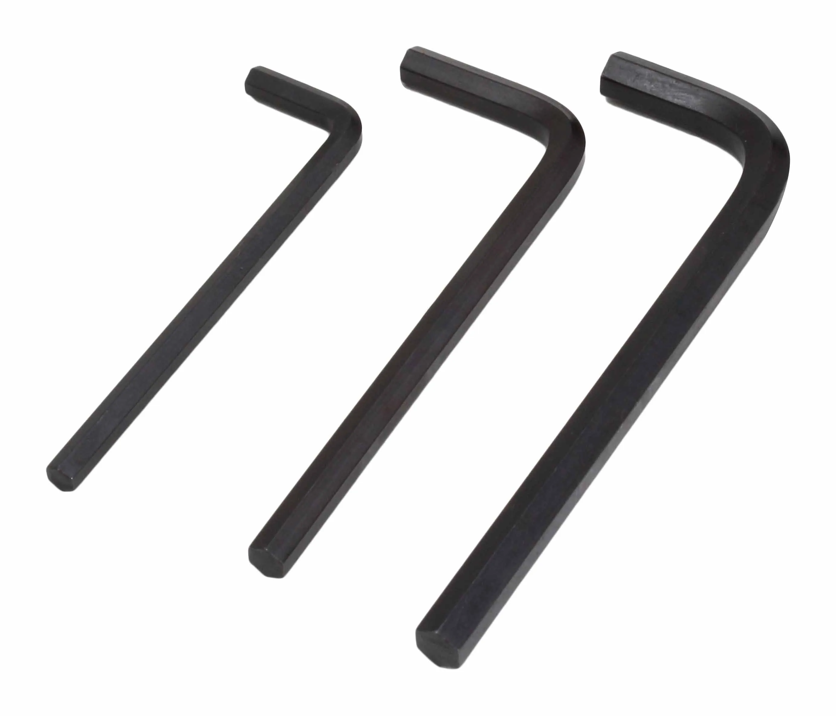 Three black L-shaped hex keys of varying lengths and thicknesses on white background.