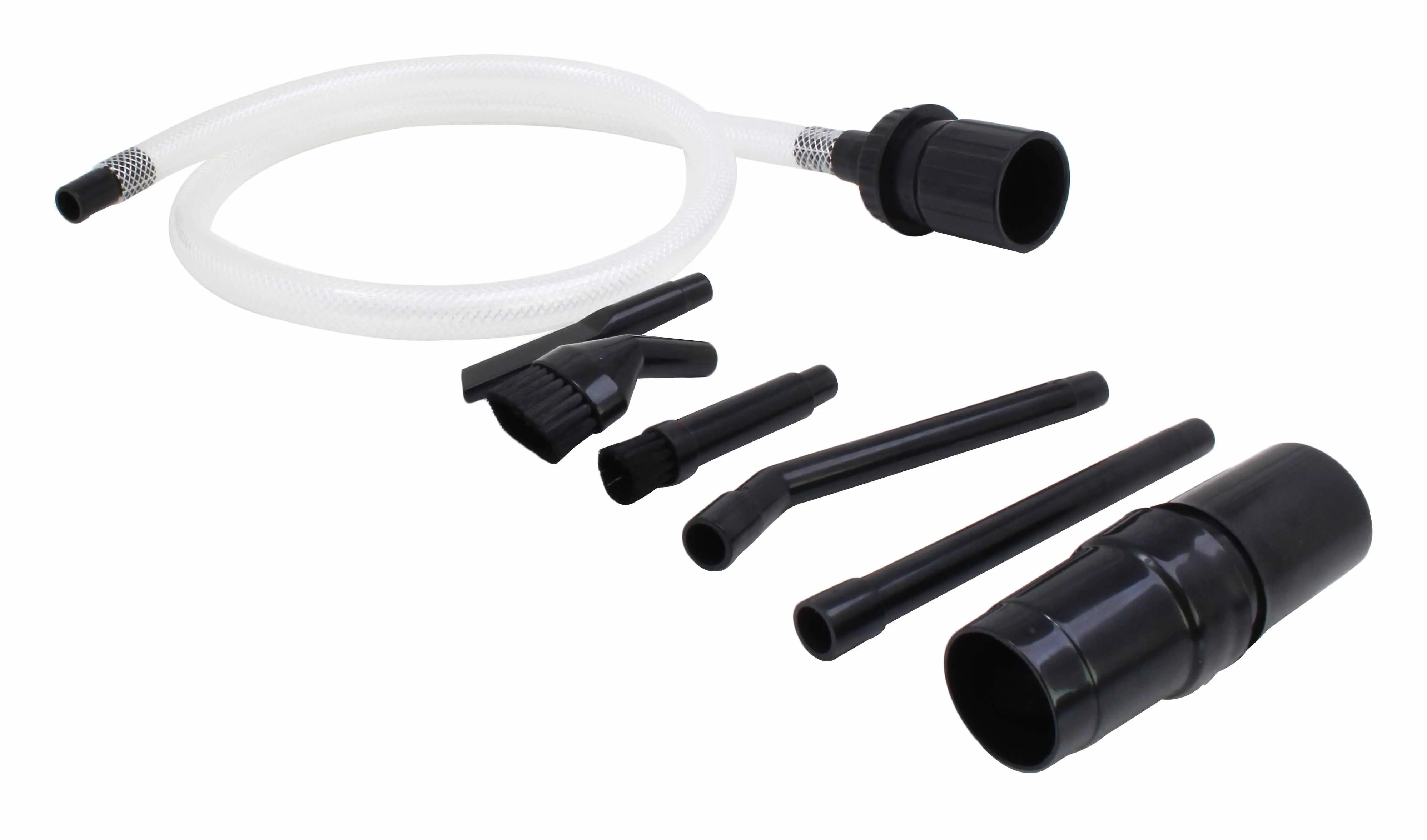 Angled view of coiled clear hose and black vacuum adapters and nozzles on white background