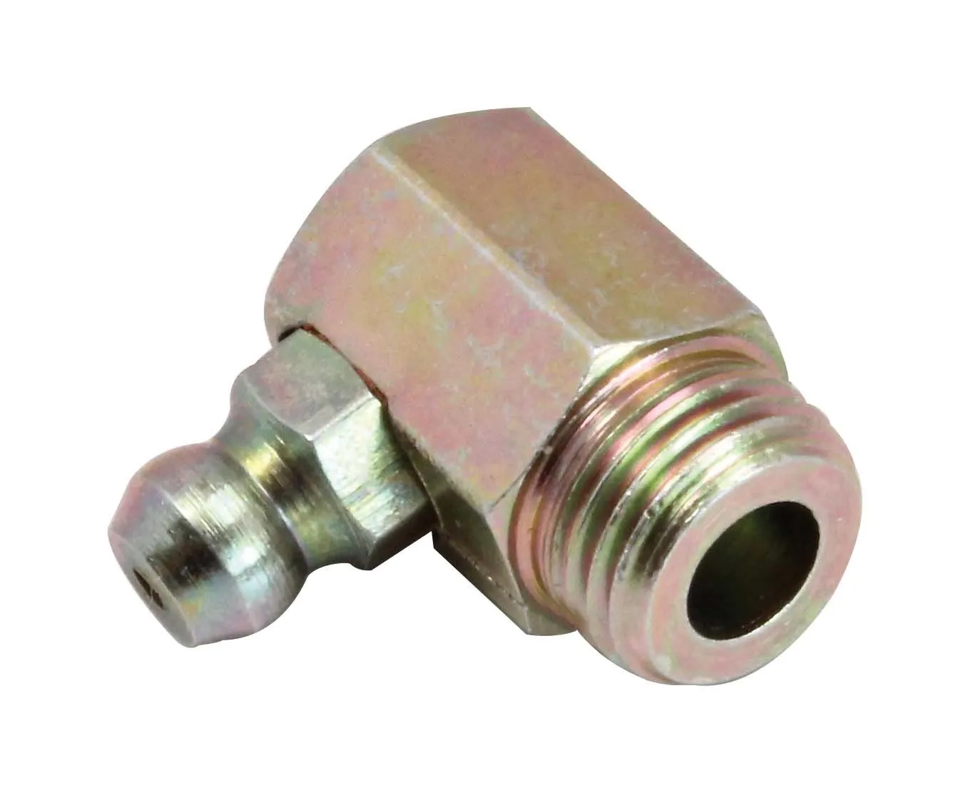 angled view of a plated steel elbow grease fitting showing threads and ball nipple