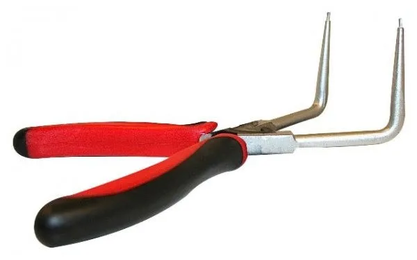 Angled close-up of 90-degree bent-tip circlip pliers showing pins and red-black ergonomic handles