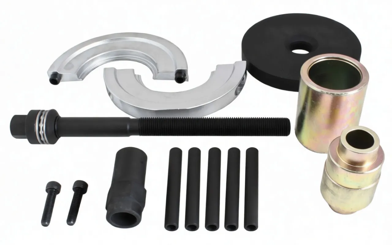 Tool kit components laid out: semicircles, black press plate, threaded rod, ASTA socket, pins and spacer collars