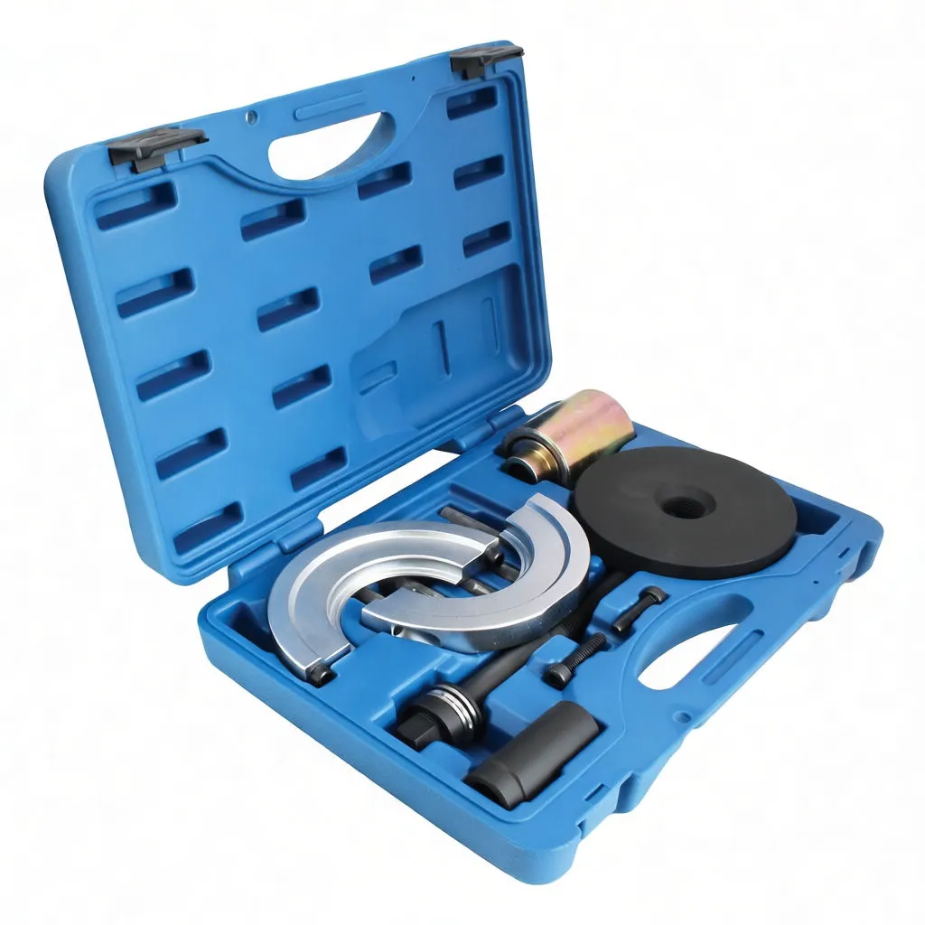 Angled open case with bearing press adapters, ASTA branded press plate, cylindrical sleeves and threaded rod