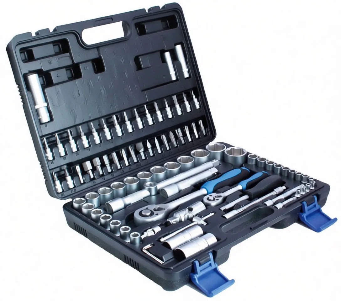 Side-angle of toolkit showing rows of sockets and two blue-handled ratchets in black case