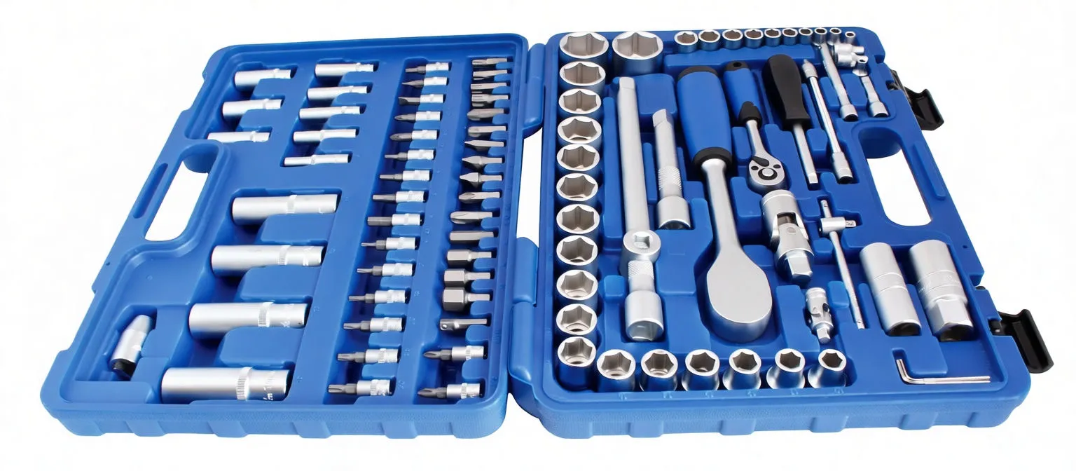 Wide view of blue socket set case open flat, showing rows of sockets, bits, ratchets, extensions and ASTA-branded handles.