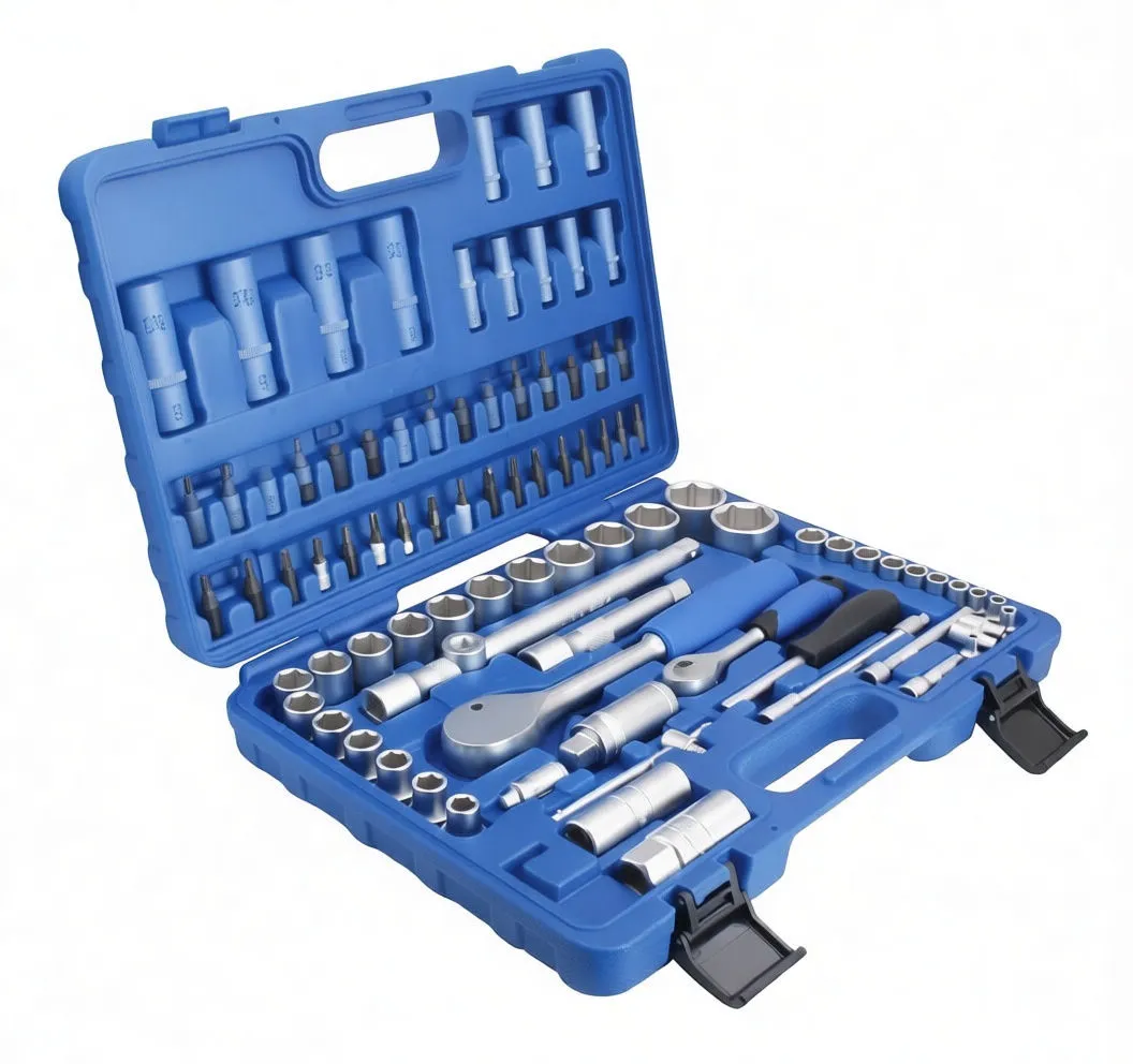 Straight-on view of blue case open to show ratchets, many sockets, extensions, bit rows and ASTA-labeled handles.