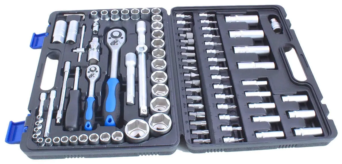 Flat-open view of full socket set with two ratchets, many sockets and organized bit rows in molded case