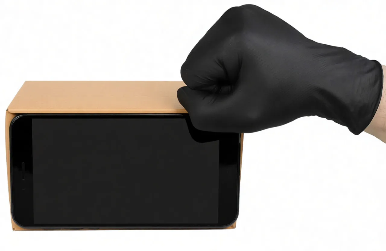 Gloved hands using a smartphone/terminal, demonstrating touchscreen use with black nitrile gloves.