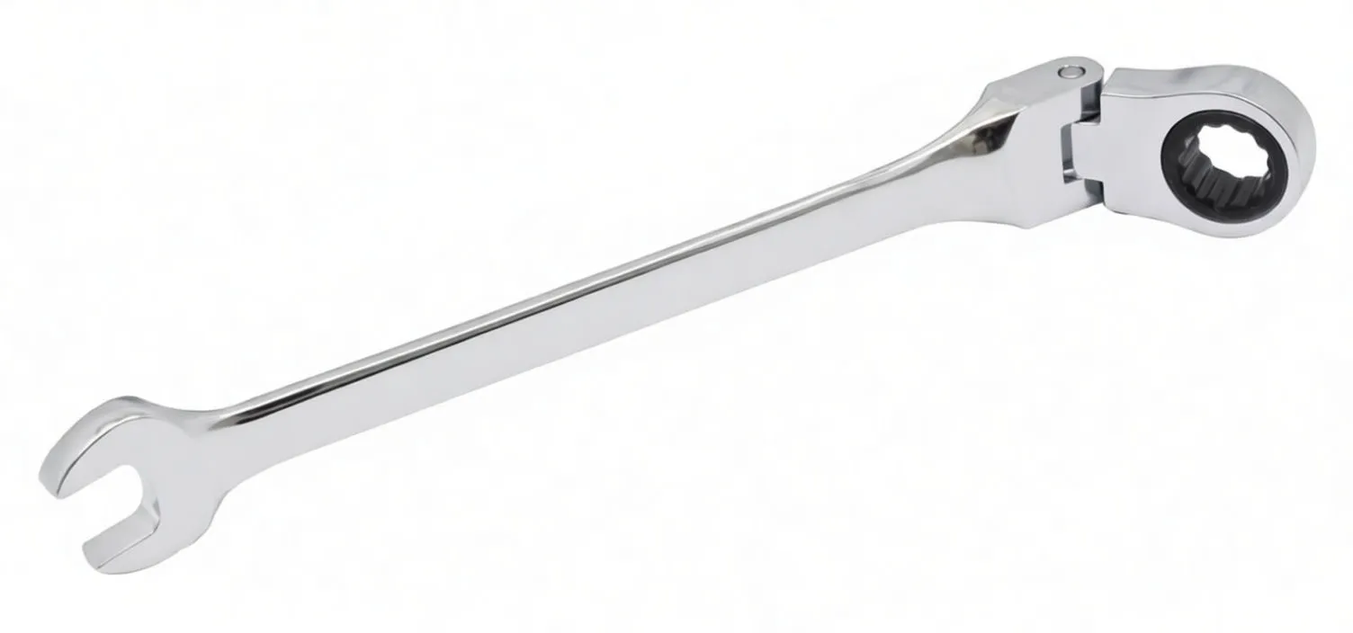 Side profile of a 9mm chrome combination wrench showing open end, hinged ratcheting box end and '9mm' marking.