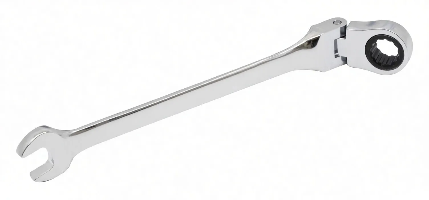 Angled view of a chrome 9mm combination wrench with swivel ratcheting ring and open spanner on opposite ends.