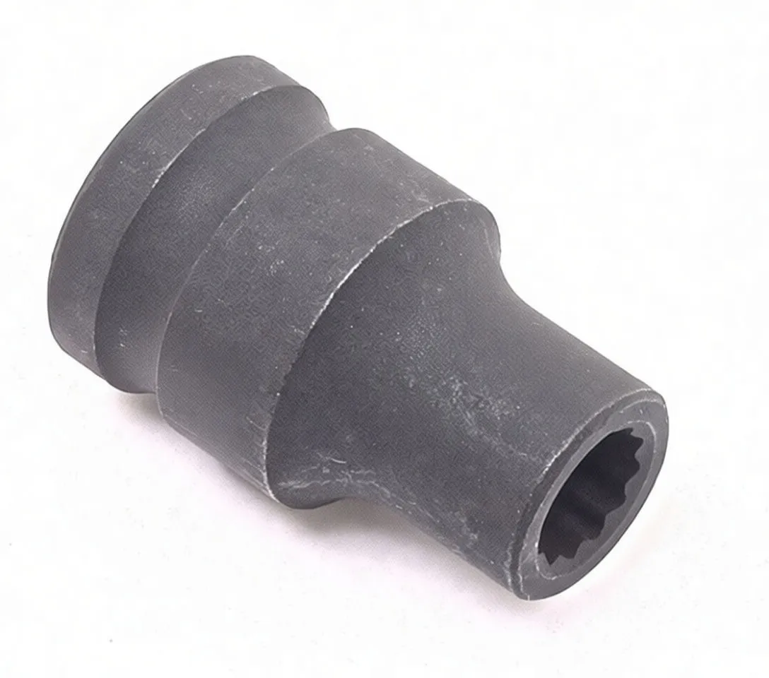 Close-up of short 12-point impact socket showing stepped body, 9mm marking, and retention hole