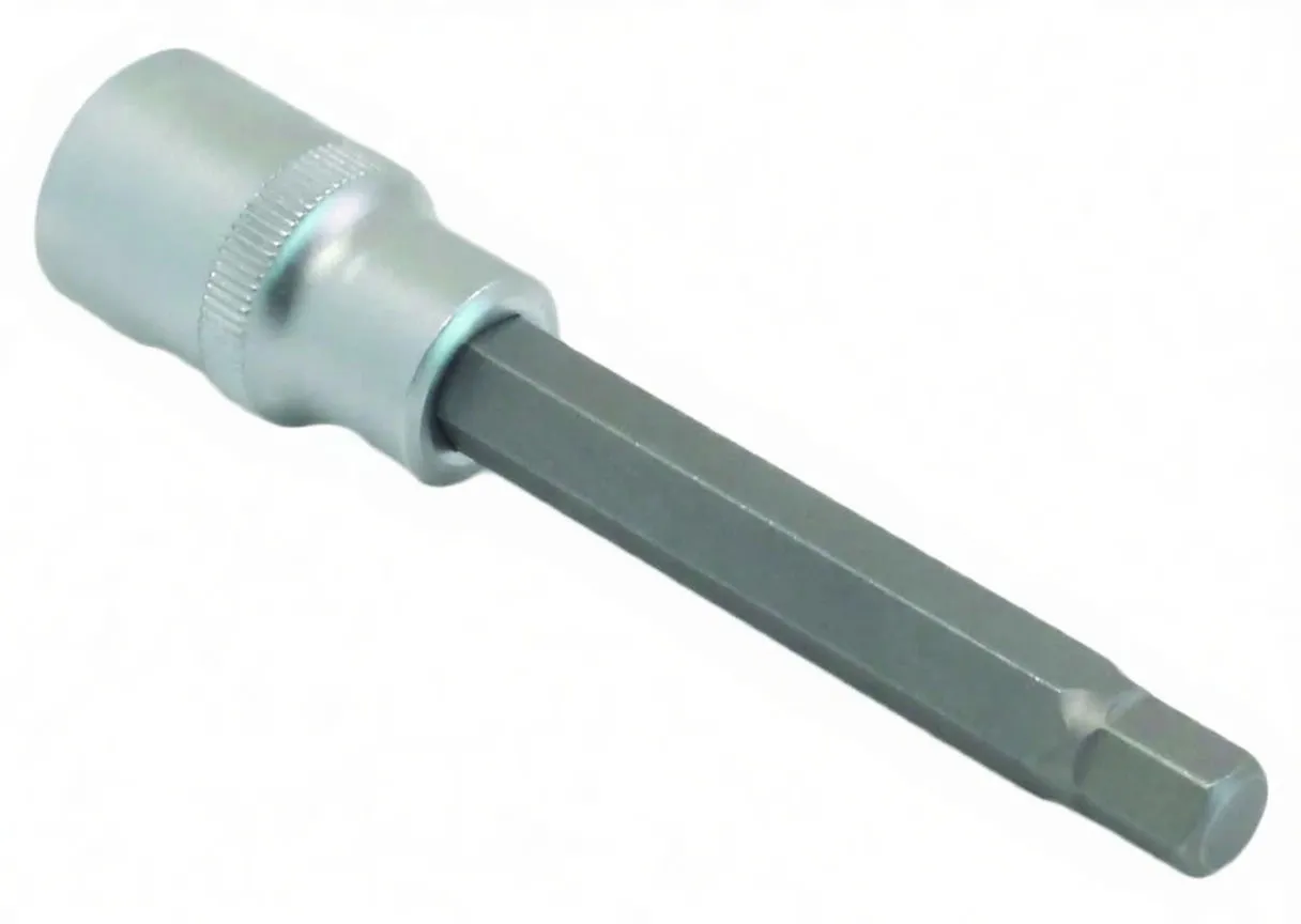 Vertical view of 9mm hex bit in chrome 1/2 inch socket showing knurling and stamped markings