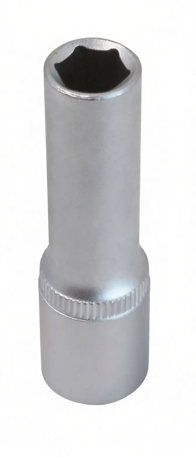 Top view of upright long 6-point 9mm socket showing internal profile and knurled collar
