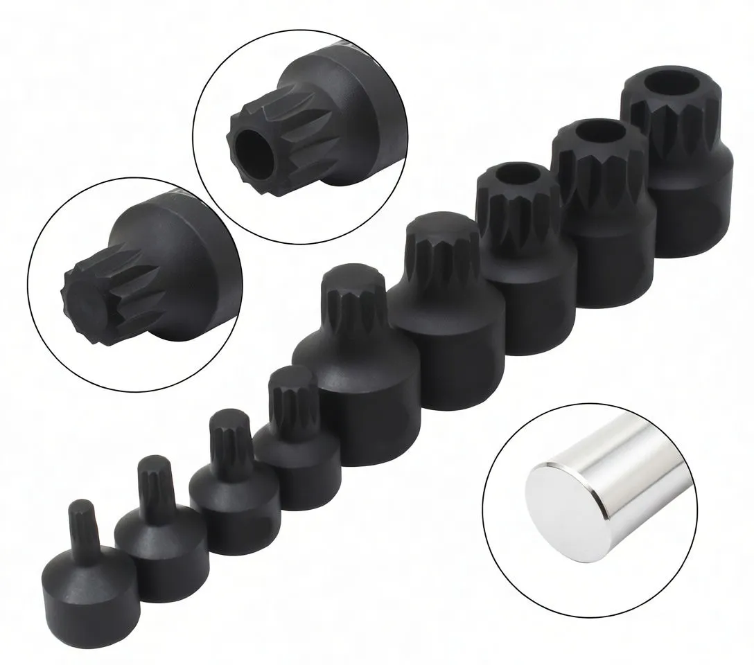 Low-angle view of larger sockets showing 12-point internal spline openings and printed markings on bodies