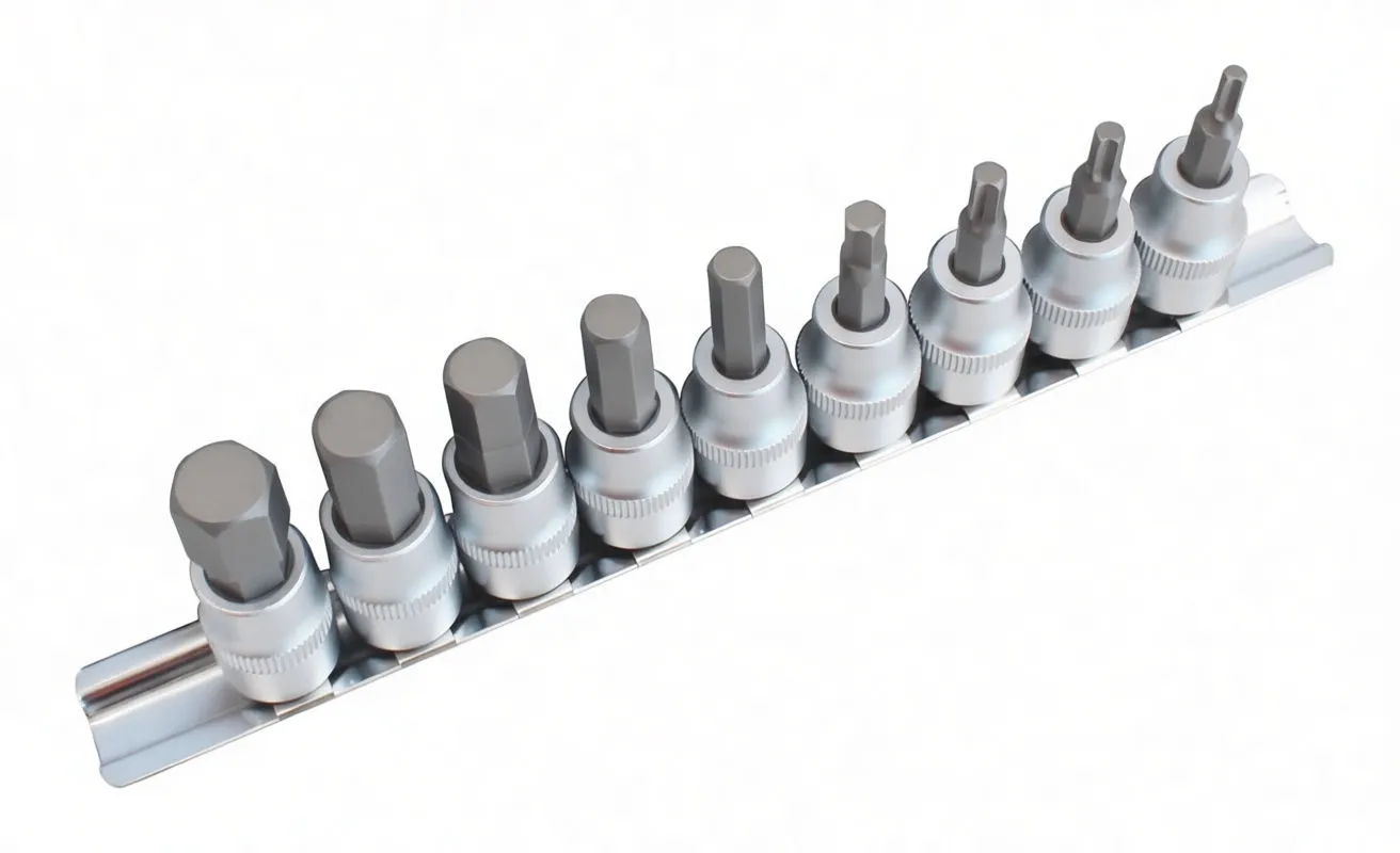 Angled view of nine hex bit sockets installed on a chrome rail, showing knurled sockets and dark hex bits