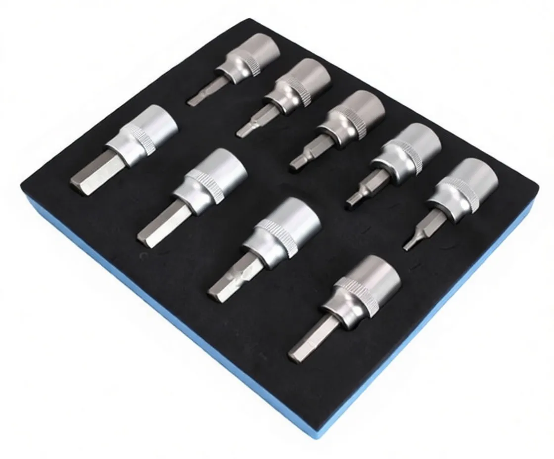 Angled shot of the socket set in foam tray with brand name visible and labeled positions