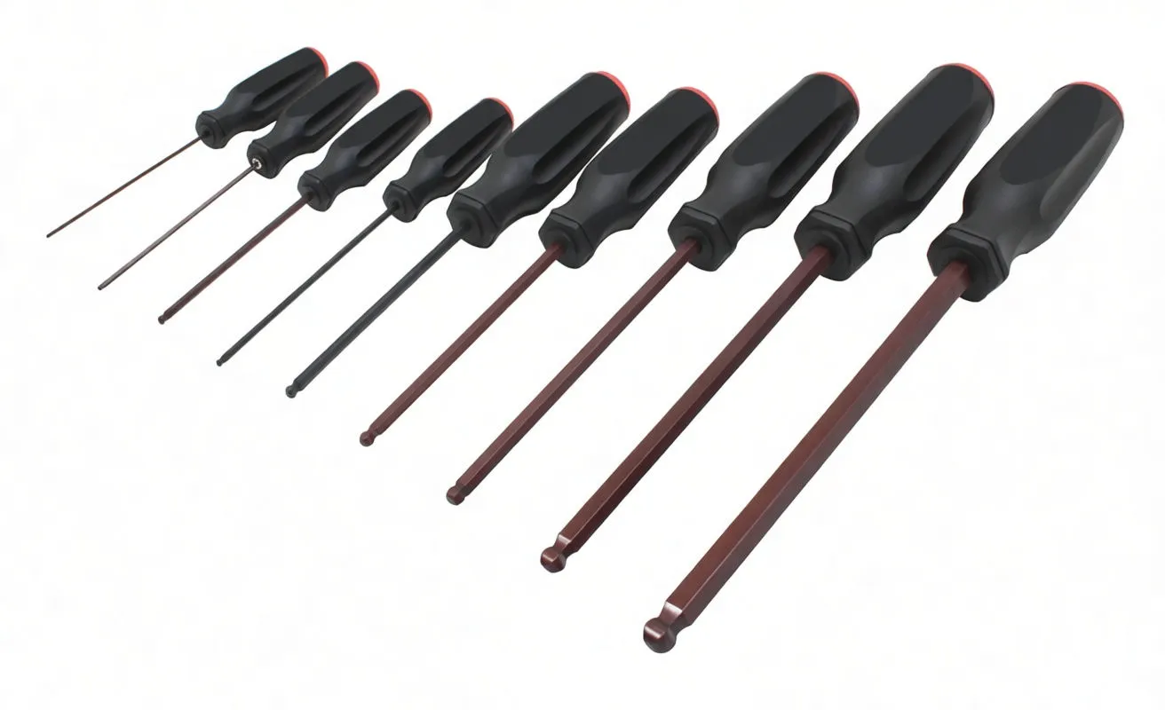 Nine hex ball-end screwdrivers in a row with black and red ergonomic handles and varying shaft sizes and ball tips.