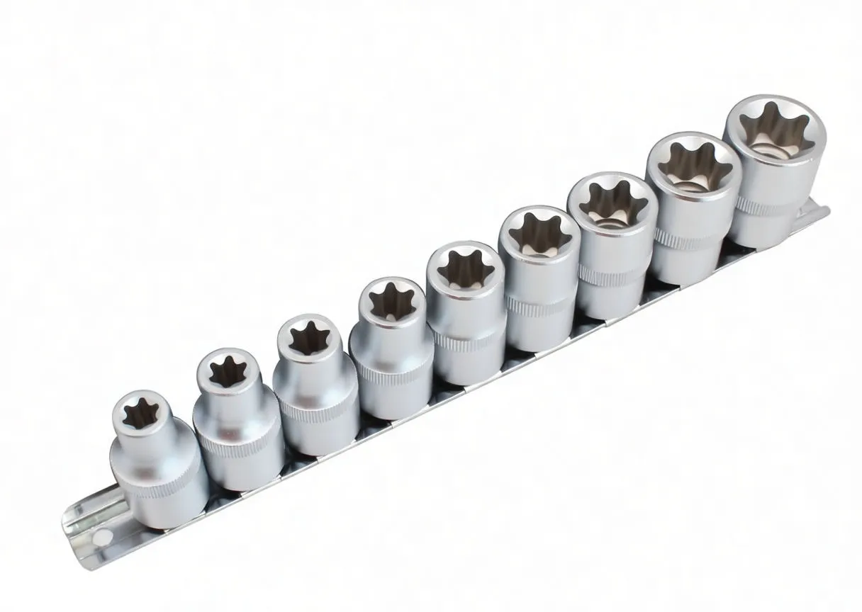 Angled side view of nine Torx sockets clipped into a chrome rail showing size markings