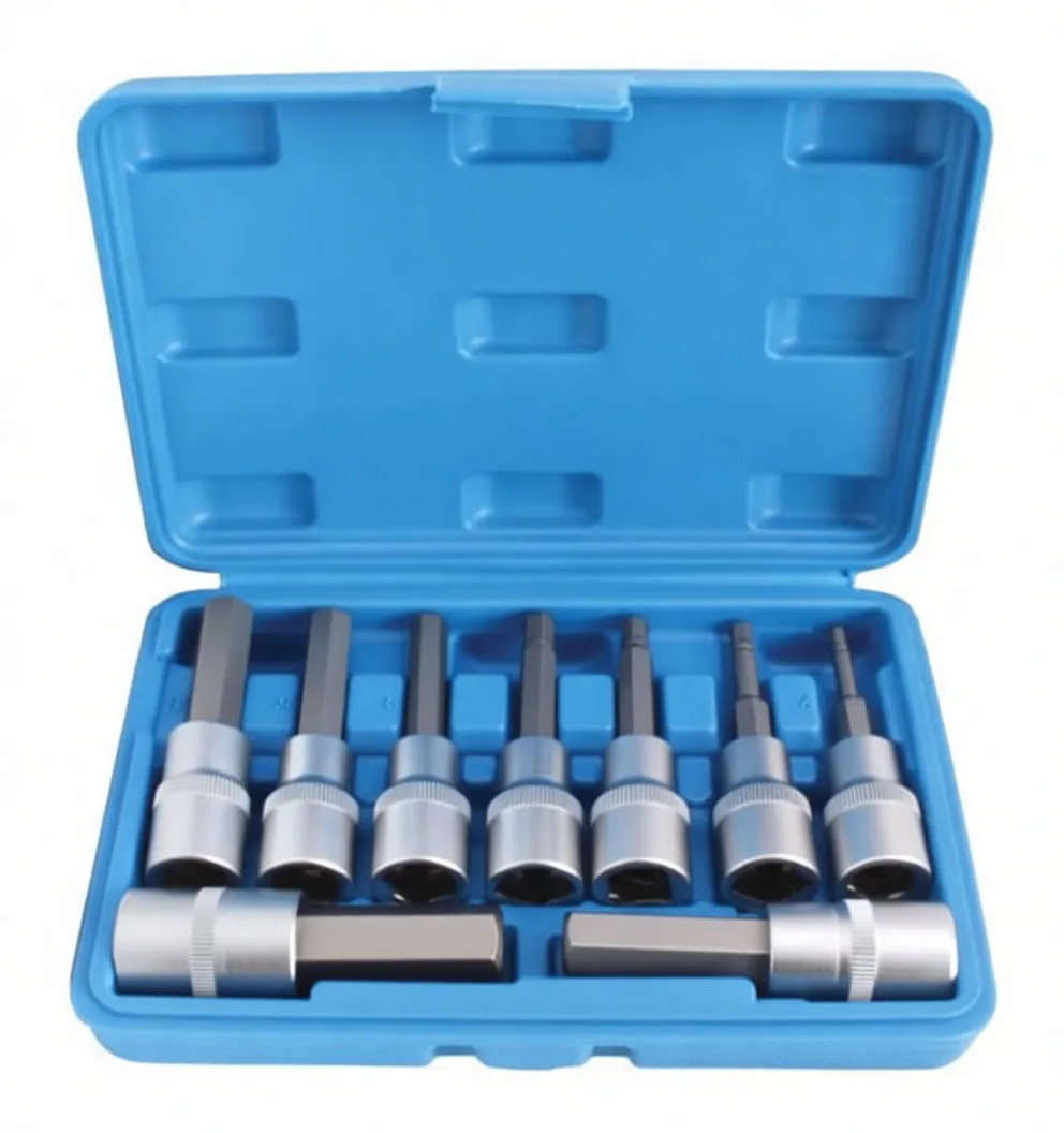 Nine hex bit sockets on white background, chrome bodies with knurled rings and long dark hex shafts in ascending sizes