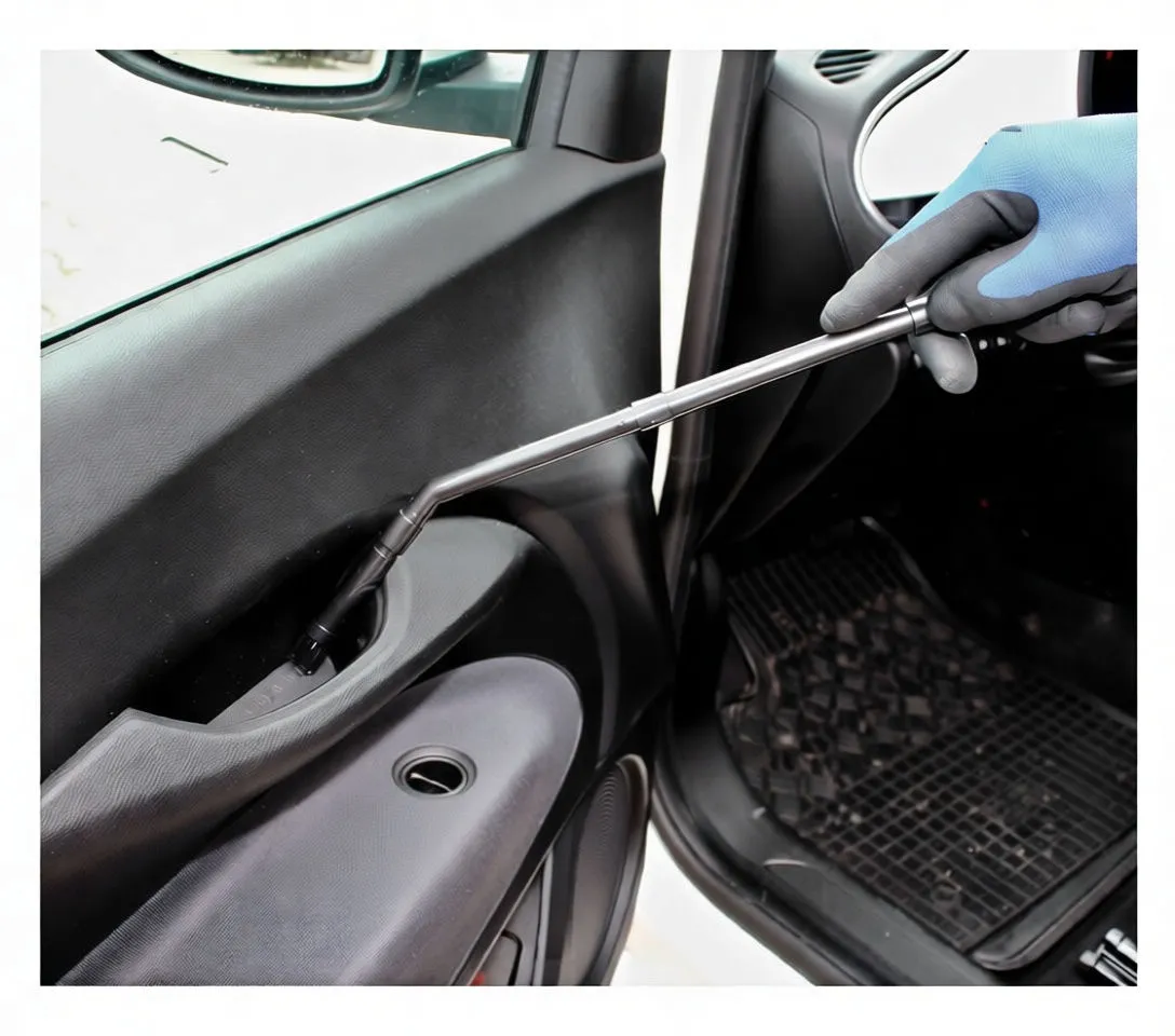 Gloved hand using long vacuum wand to clean car door pocket near window controls