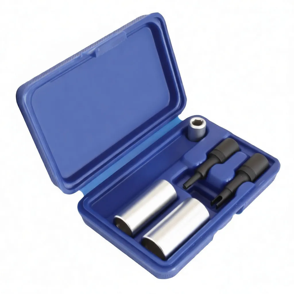 Angled view of blue plastic tool case containing chrome sockets, small bits and two black adapters