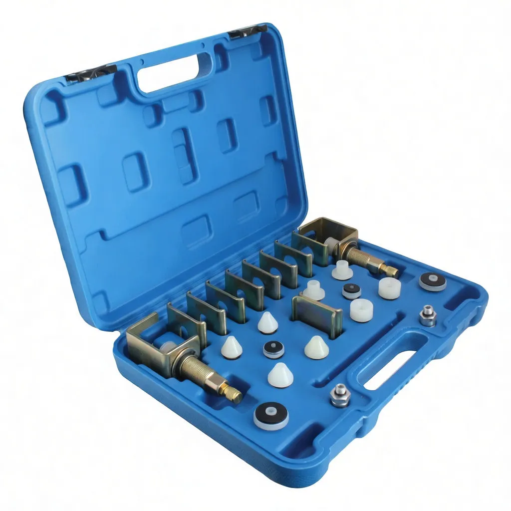 Angled side view of open blue case with air-conditioning flushing adapter set: clamps, metal plates, plastic cones and rubber seals, yellow label in lid.