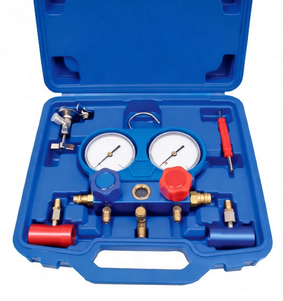 Detailed view of the dual gauges and red/blue control knobs on the manifold with legible 'LOW' and 'HIGH' labels