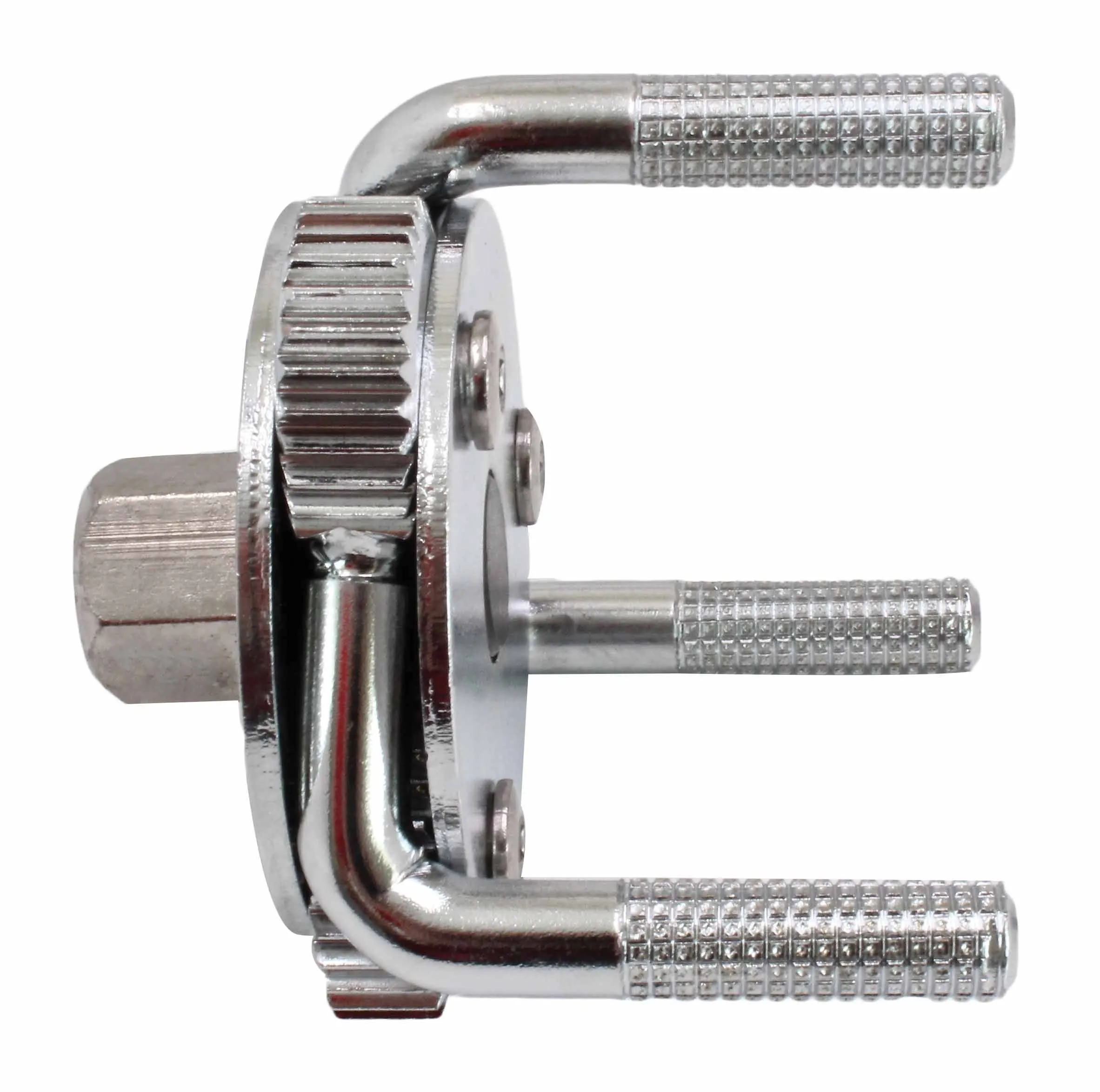 Side profile of chrome 3-leg oil filter wrench showing gear ring, hex drive and knurled legs