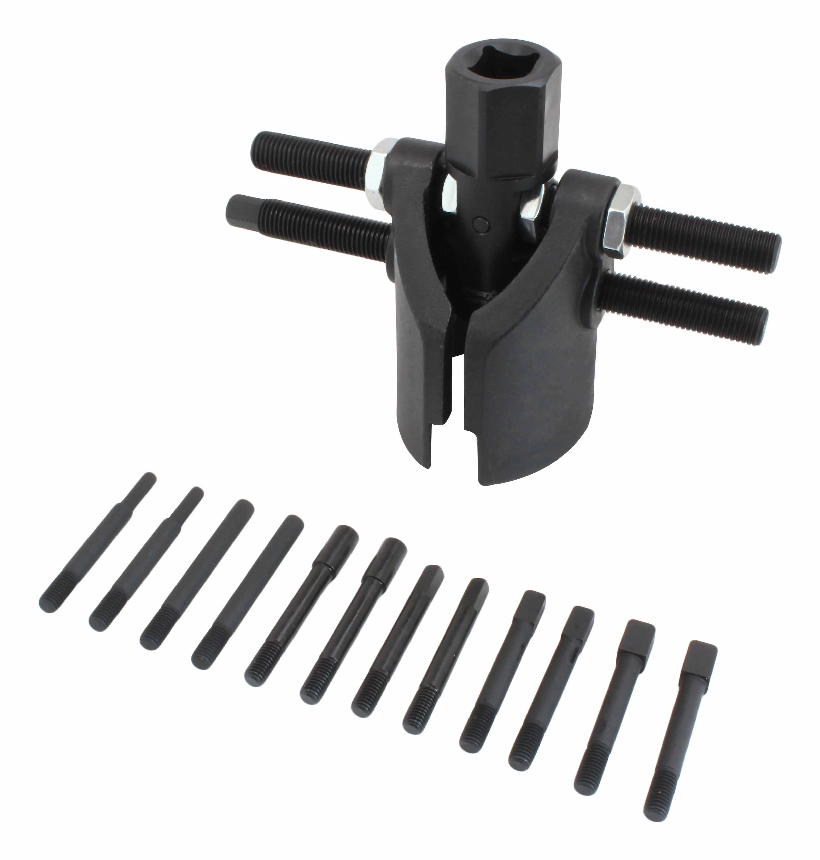 Angled close-up of axle/groove nut wrench showing hex adapter, threaded cross bolts, curved jaws and assorted extractor bolts