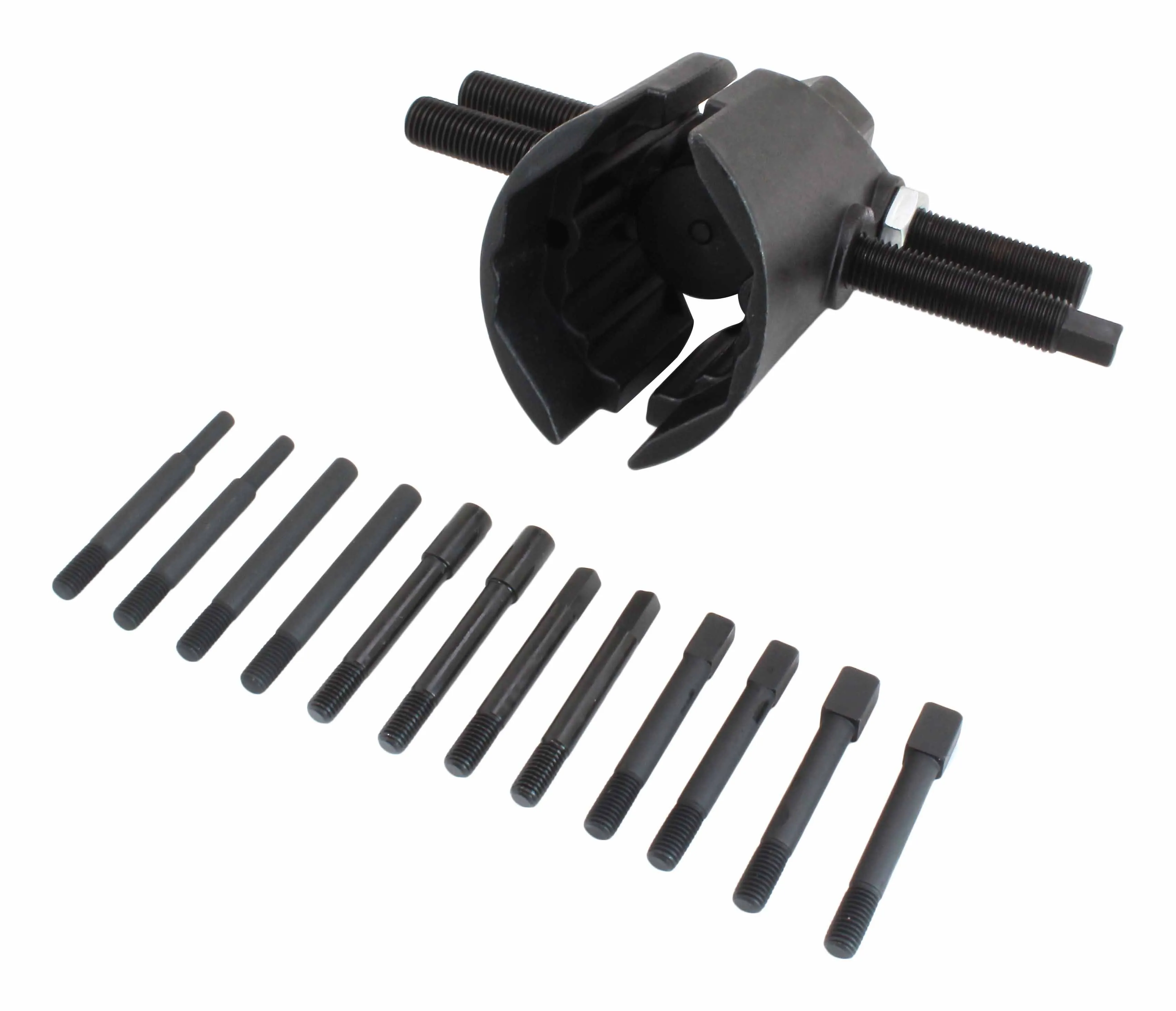 Oblique view of axle/groove nut puller with opened jaws, central hex adaptor and assortment of extractor pins on white background