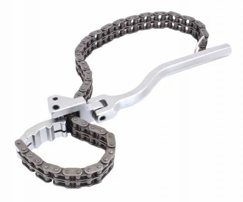 Top view of oil filter chain wrench showing hinged head, handle and wrapped double-chain