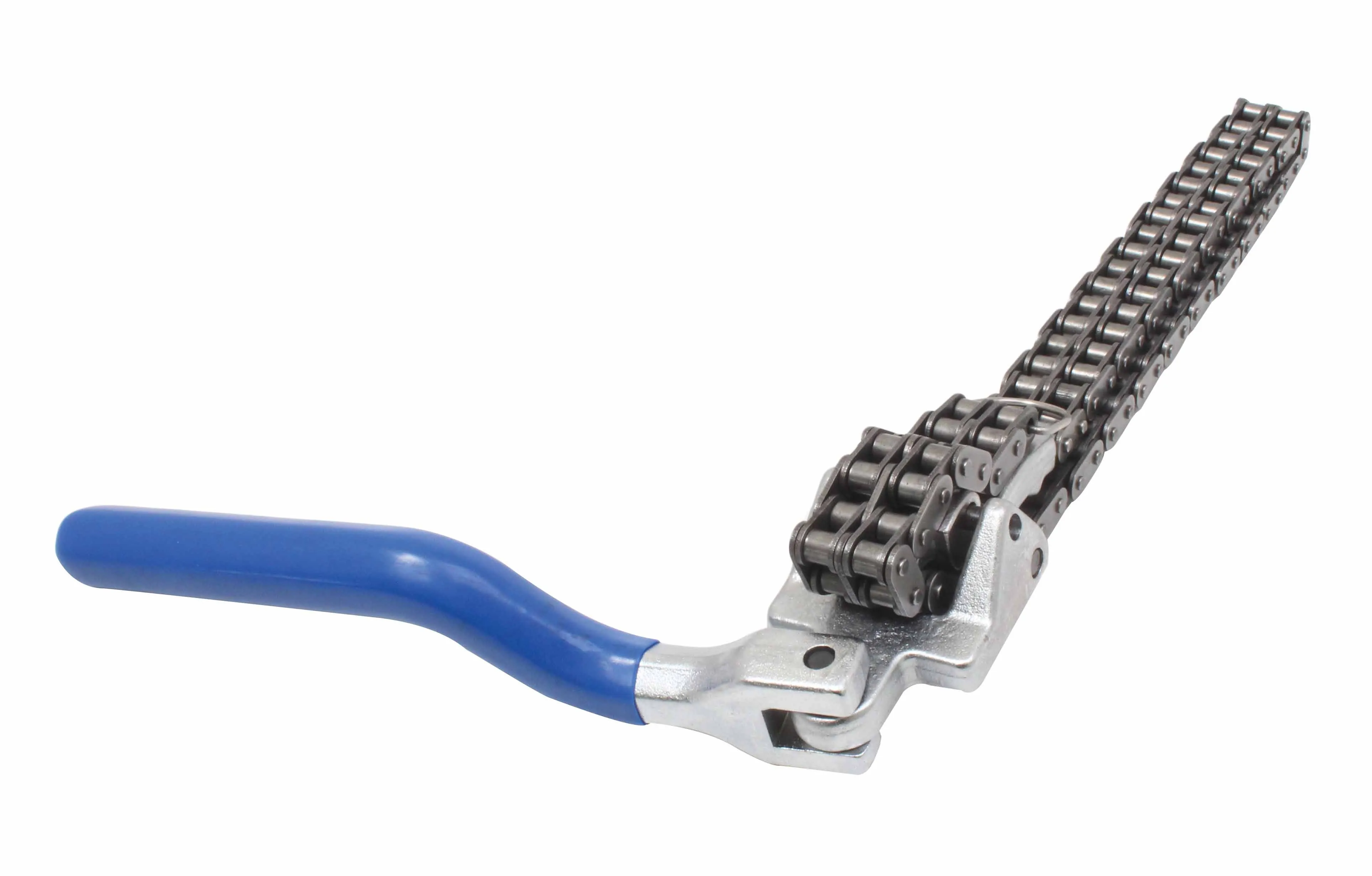 Perspective of oil filter chain wrench with handle foreground and straight multi-link chain extending away