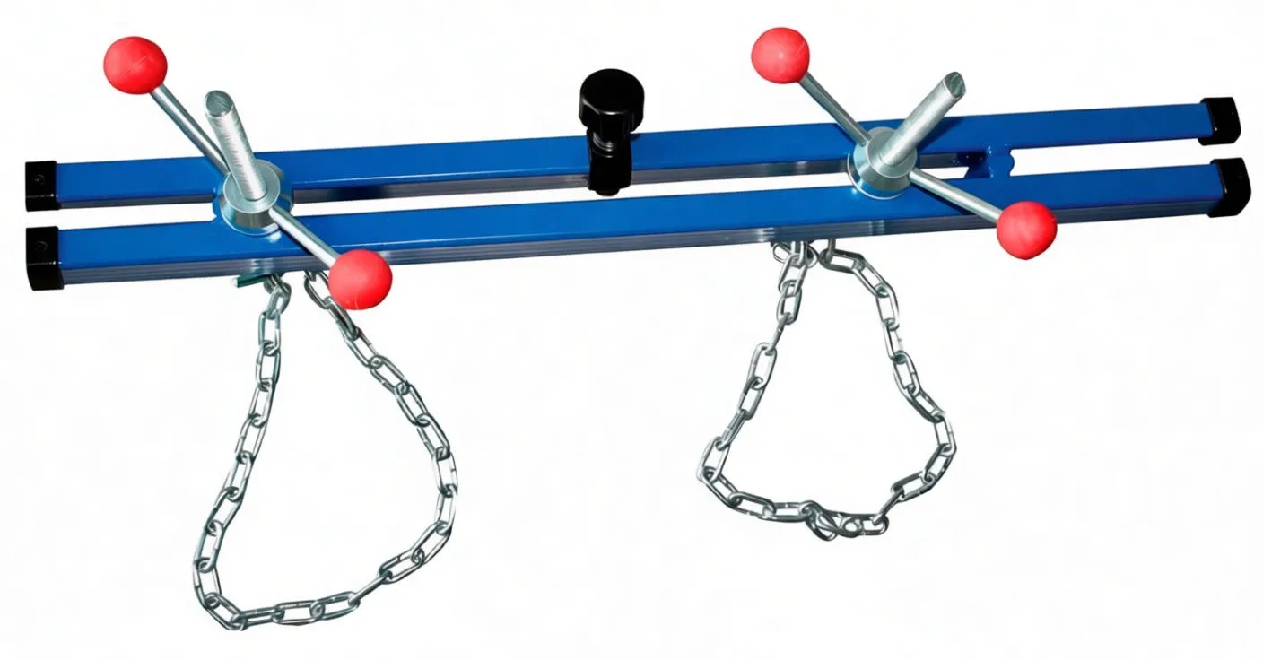 Close-up of beam end showing A-frame support, black knob, slot and hanging chain