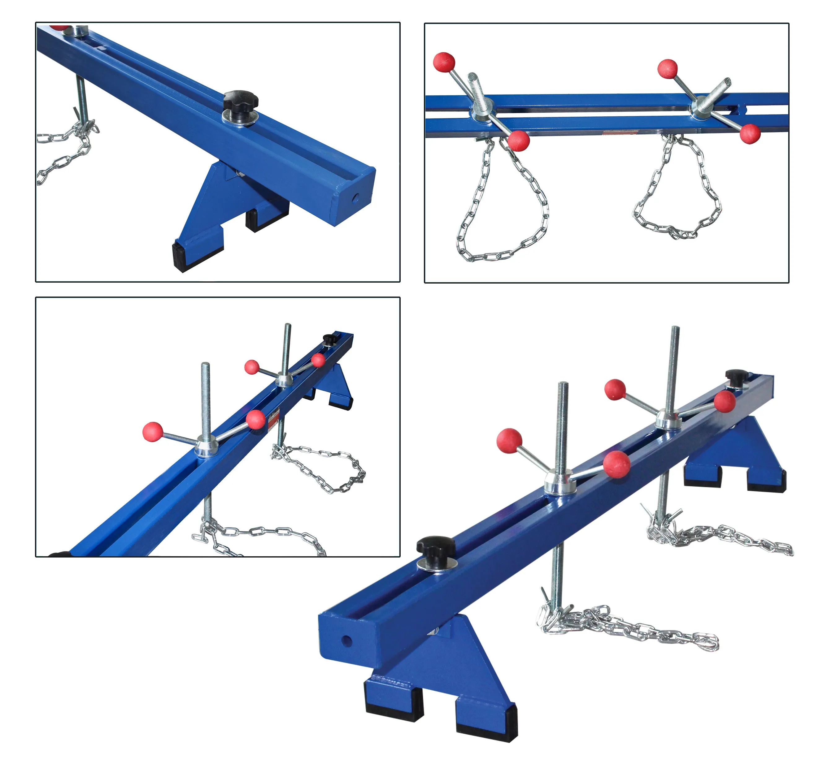 Collage of four views of blue engine hanging beam showing supports, sliding cross handles and chains