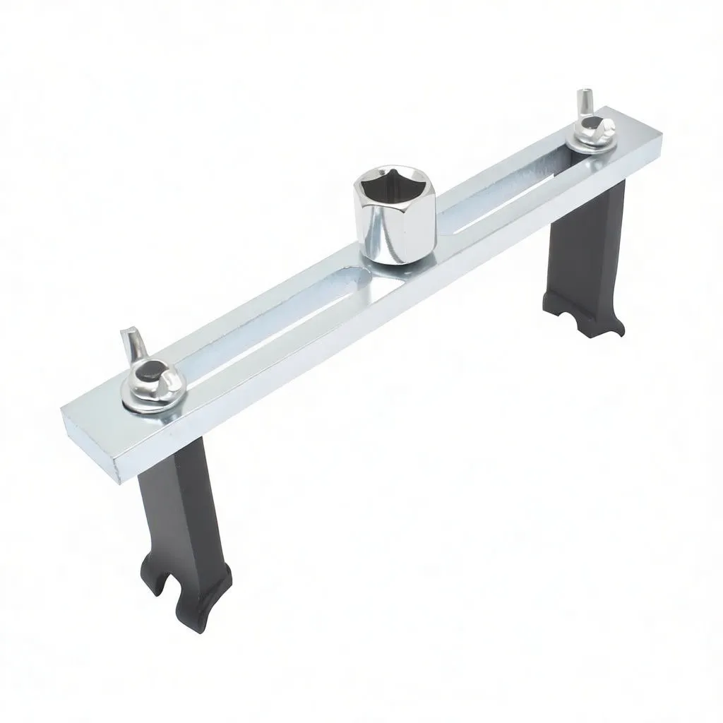 disassembled fuel pump lid spanner parts: metal slotted bar, two black hooks, chrome socket and wing nut